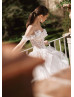 Off Shoulder Ivory Lace Tulle Ruffled Fashionable Wedding Dress